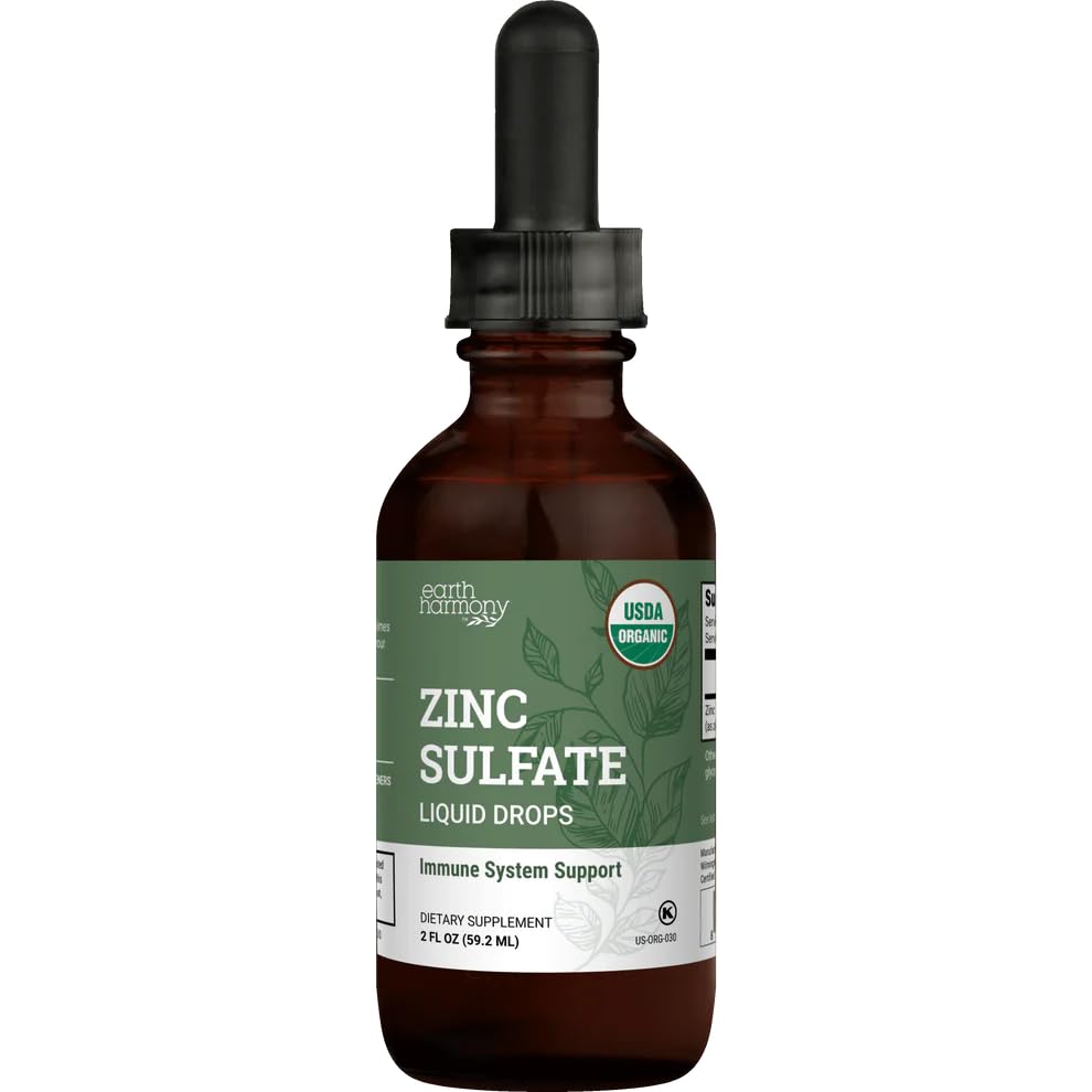 נוזל אורגני Zinc Sulfate - Pure Zinc תוספים לבריאות העור, Immune System Function and Normal Cell growth in Adult Men & Women - Non-GMO, טבעוני 7.5mg - 2 Fl Oz