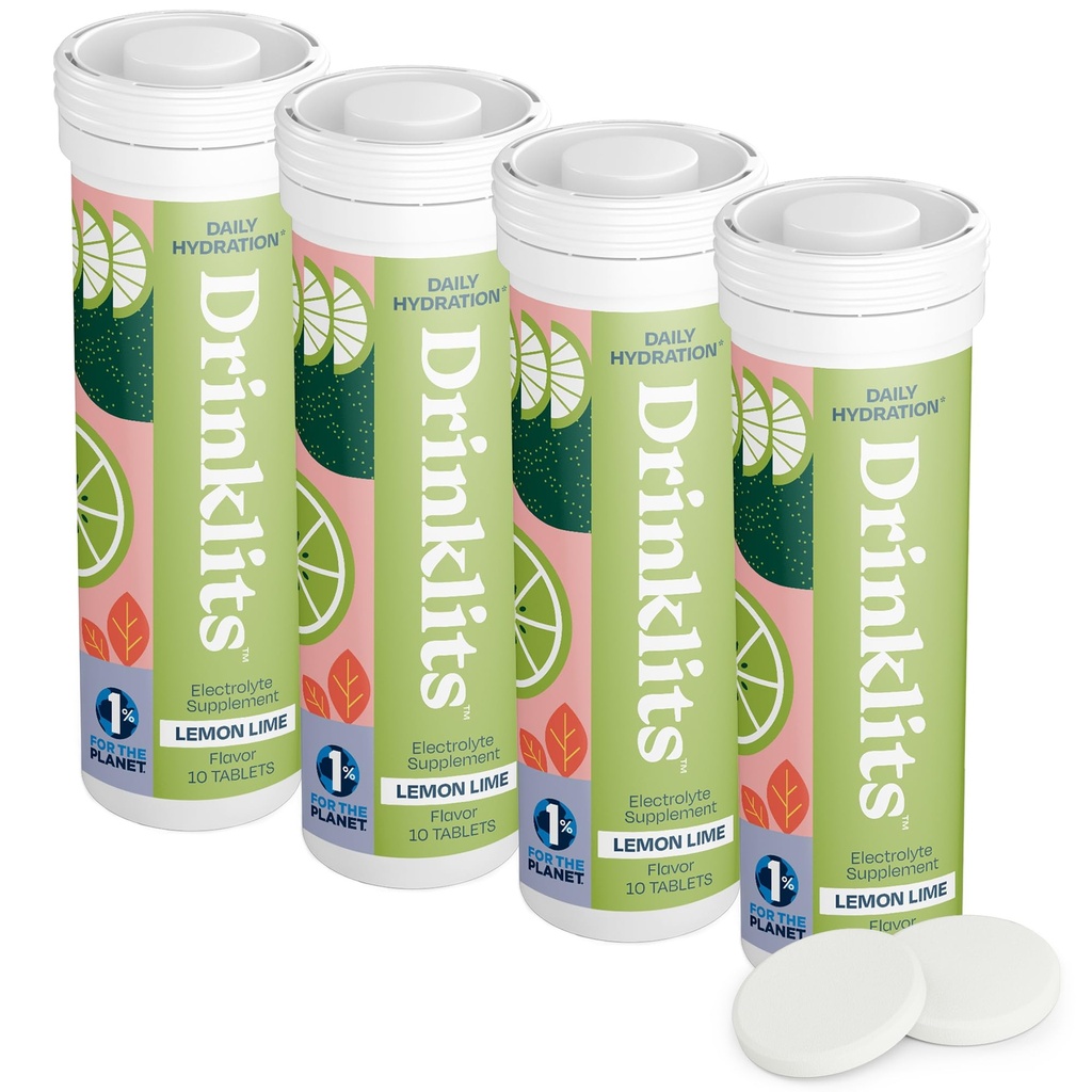 שתיית לימון-Lime Daily Electrolyte hydrotion Tablets (4) Tube Bundle | משקאות ספורט טבעיים - 0g סוכר - פלאפור מעולה 40 משרתים - 10 טבליות Per Tube