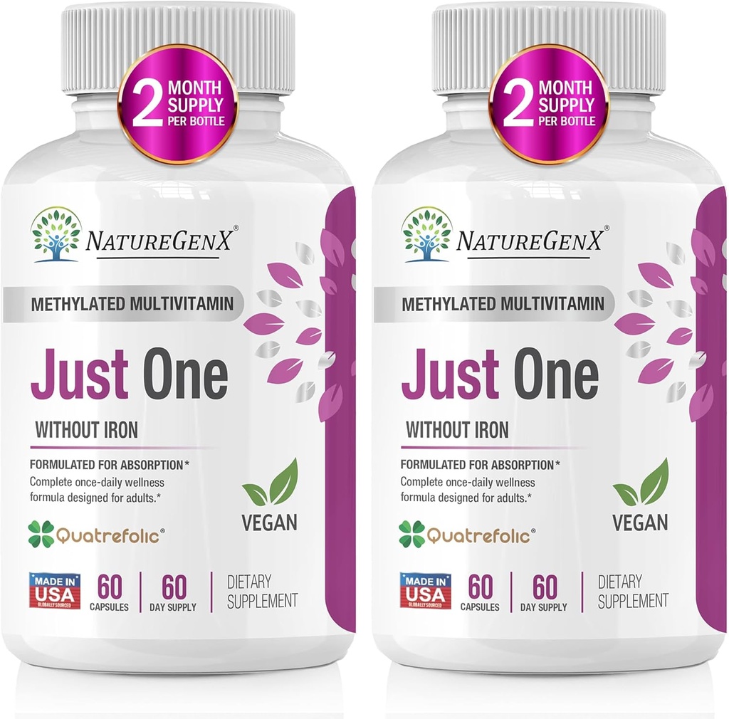 Just One Daily Methylated Multivitamin with Methyl B12, Quatrefolic Methylfolate, Pure MTHFR תוספת לגברים ונשים ללא ברזל, 2 בקבוקי בקבוק (60 קפסולות טבעוניות), ארה"ב-מונדיאל