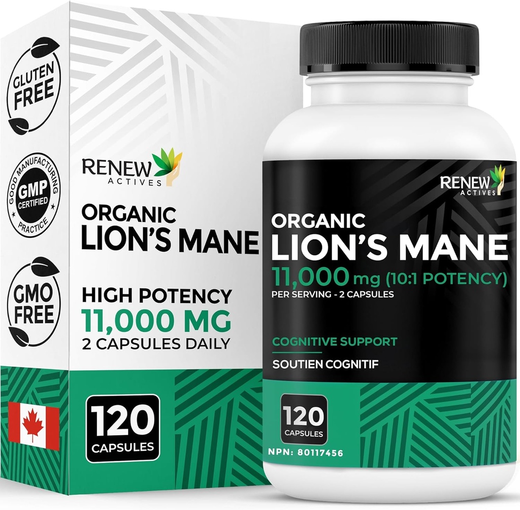 חידוש Actives Premium Organic Lion's Mane Mushroom 1100MG לכל שתי קפסולות - תומך בתפקוד המוח, זיכרון, מיקוד, טיפול בלחץ ובריאות החיסון, Non-GMO, טבעוני - מיוצר בקנדה - 120 קפסולות