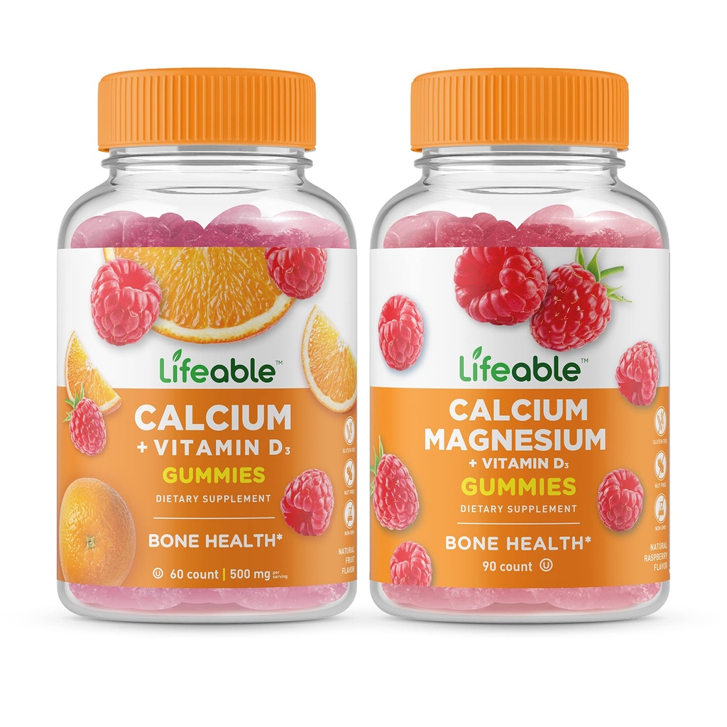 Calcium עם ויטמין D + Calcium Magnesium, חניכיים Bundle - גדול Tasting, ויטמין תוסף, Gluten Free, GMO חינם, Chewable