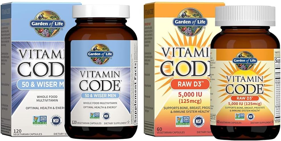 הגן על 50 & Wiser Raw Whole Food Multivitamin, ויטמין D35,000 IU & ויטמין Code Raw ויטמינים
