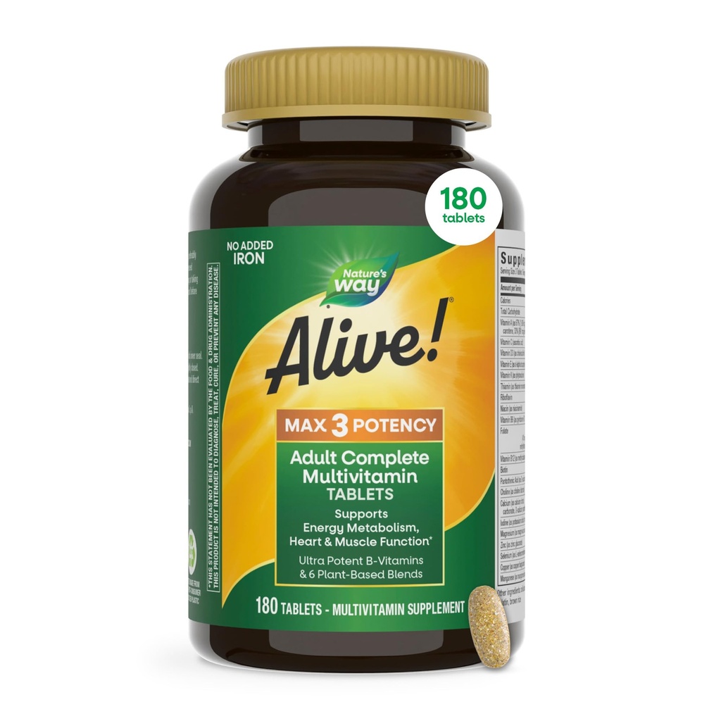 הדרך של הטבע חי! Max3 Potency Adult Complete Multivitamin, High Potency B-Vitamins כדי לתמוך במטבוליזם אנרגיה, עם Methylated B12 ו- Folate, לא הוסיף ברזל, 180 טבליות