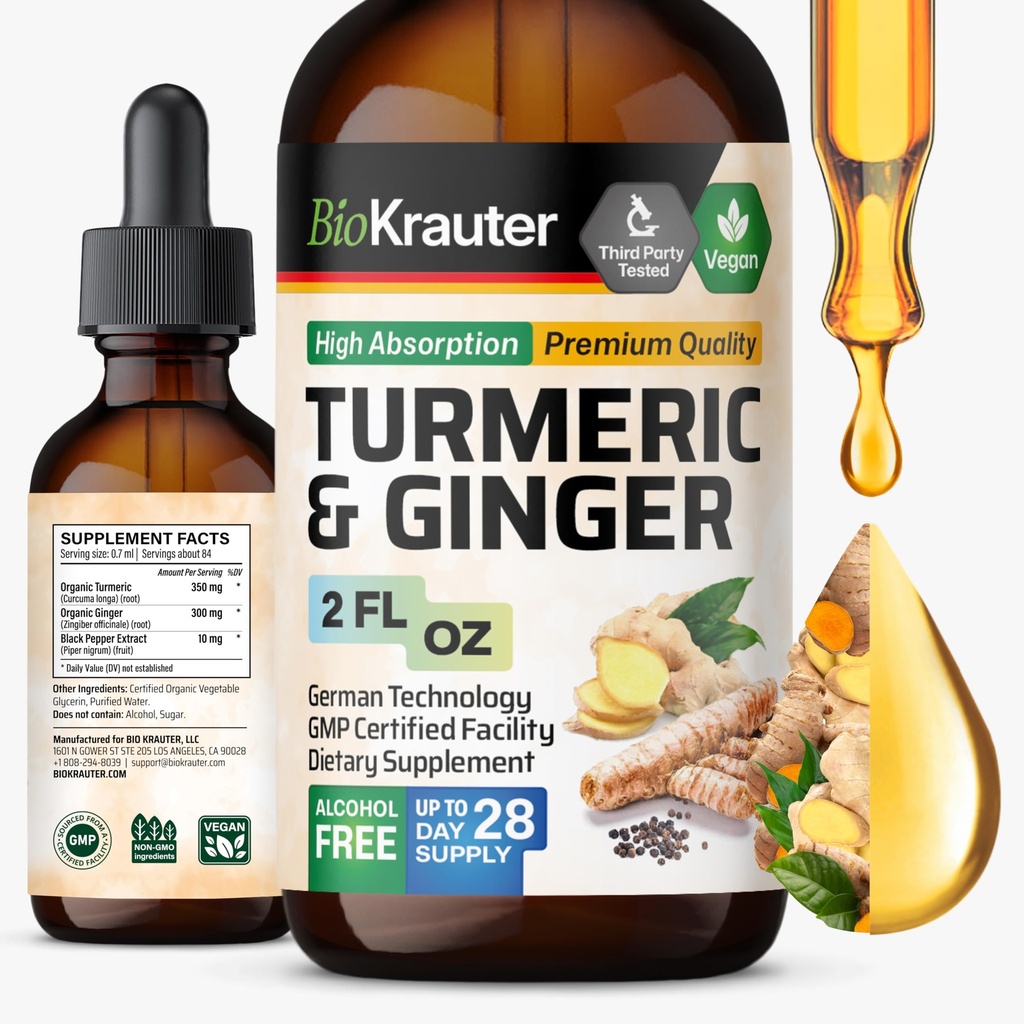 BIO KRAUTER Turmeric וג'ינג'ר תוסף Tincture - Turmeric Curcumin Immune Support Drops - ג'ינג'ר עם Black Pepper - פורמולה - 2 Fl.Oz.