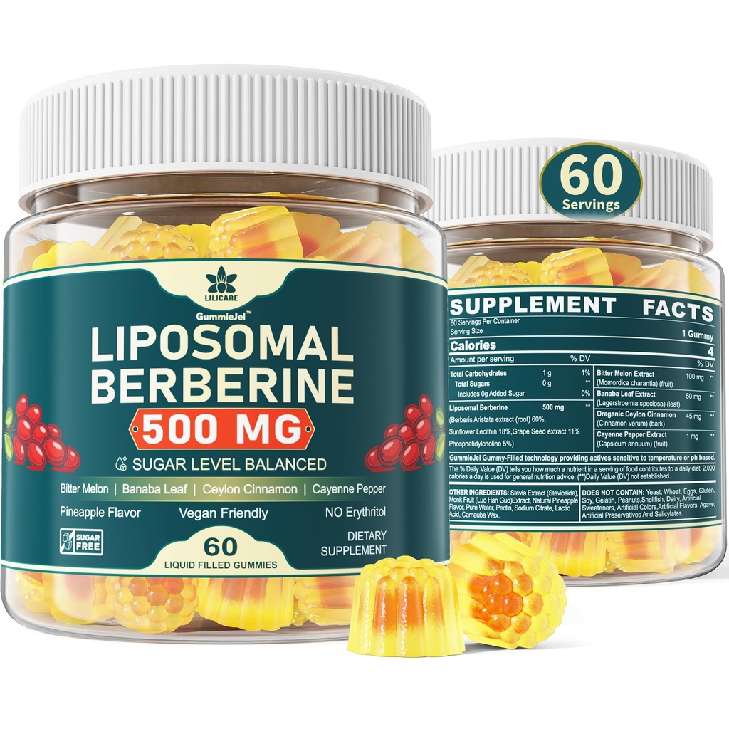 Berberine 500 מ"ג תוסף, פעם דיילי, Liposomal Gummies עם Ceylon Cinnamon, Bitter Melon, Banaba for Metabolism Balanced, AMPK Activator, High Absorption, סוכר חינם, טבעוני 60 Cts