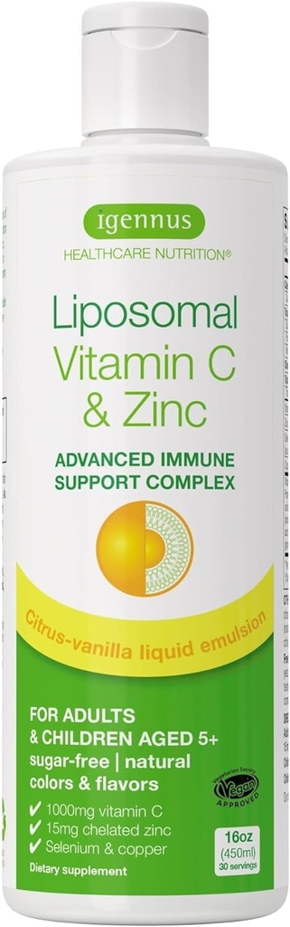 High Absorption Liposomal ויטמין C 1000mg & Zinc Bisglycinate, 30-90 משרתות, תמיכה נוזלית עבור מבוגרים וילדים 5+, non-GMO, Sugar-Free, Citrus & Vanilla Flavor, על ידי Igennusssssssss