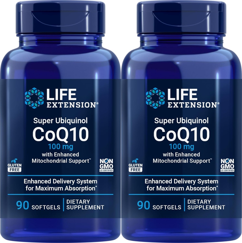 Life Extension COQ10 Super Ubiquinol 100 מ"ג 90 Count (Pack of 2) עם תמיכה מוגברת של Miochondrial
