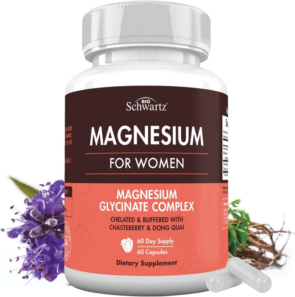 4-in-1 Magnesium Bisglycinate Supplement for Women - Magnesium Complex with Chasteberry, Dong Quai & Vitamin B6 for Stress Relief, Better Sleep, Nerve, Bone & Muscle Support - 60 Capsules