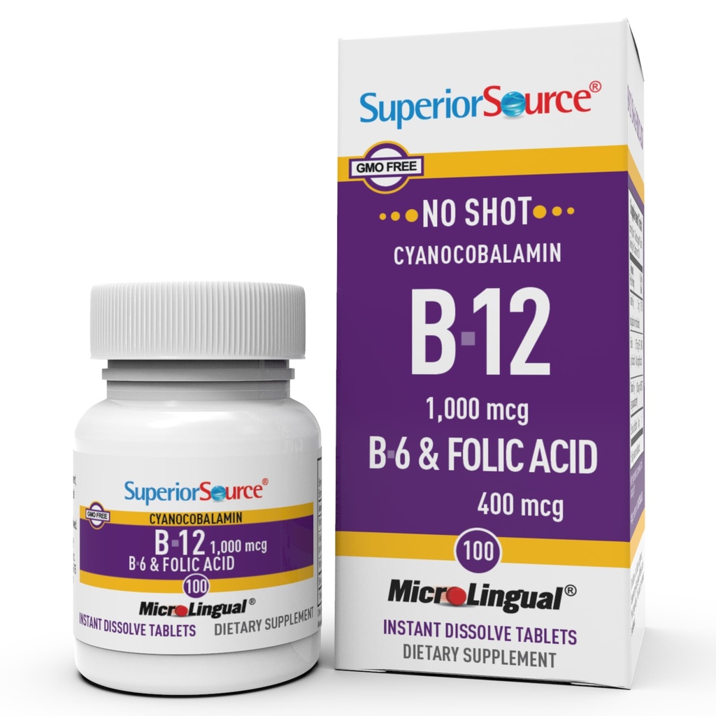 מקור גבוה No Shot ויטמין B-12 Cyanocobalamin 1000 mcg, B-6, Folic Acid 400 mcg - תמיכה המוח ובריאות הלב - מסייע רמות אנרגיה טבעית - 100 טבליות לפירוק sublingual