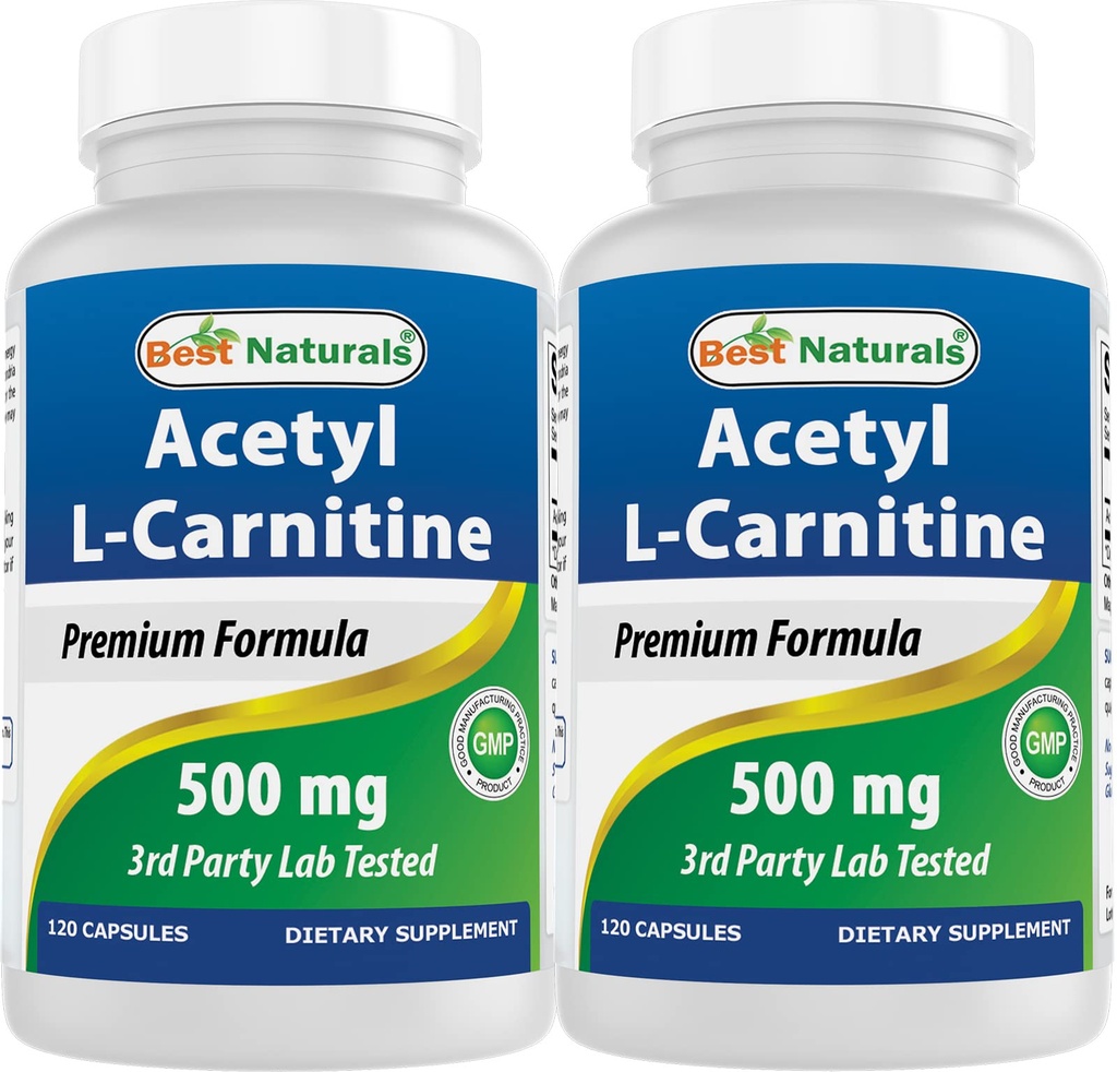 Best Naturals Acetyl L-Carnitine (ALCAR) 500 מ"ג, 120 קפסולות, 120 משרתות - non-GMO ו Gluten Free, 1 קפסולה לשרת (2 Pack)