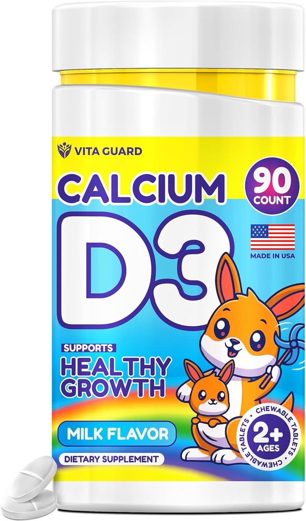 Calcium D3 Chewable Tablet לילדים - 640 מ"ג Calcium & 320 IU ויטמין D3 - non-GMO, Milk Flavor - Bone & שיניים תמיכה תוסף - 90 טבליות לתקופה 2+