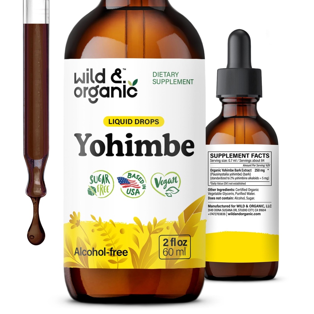 Wild & אורגני Yohimbe תוספי גברים ונשים - 5 מ"ג Yohimbine נוזל לחלץ טיפות - Pausinystalia Yohimbe Bark Tincture - טבעוני, אלכוהול חינם - 2 floz