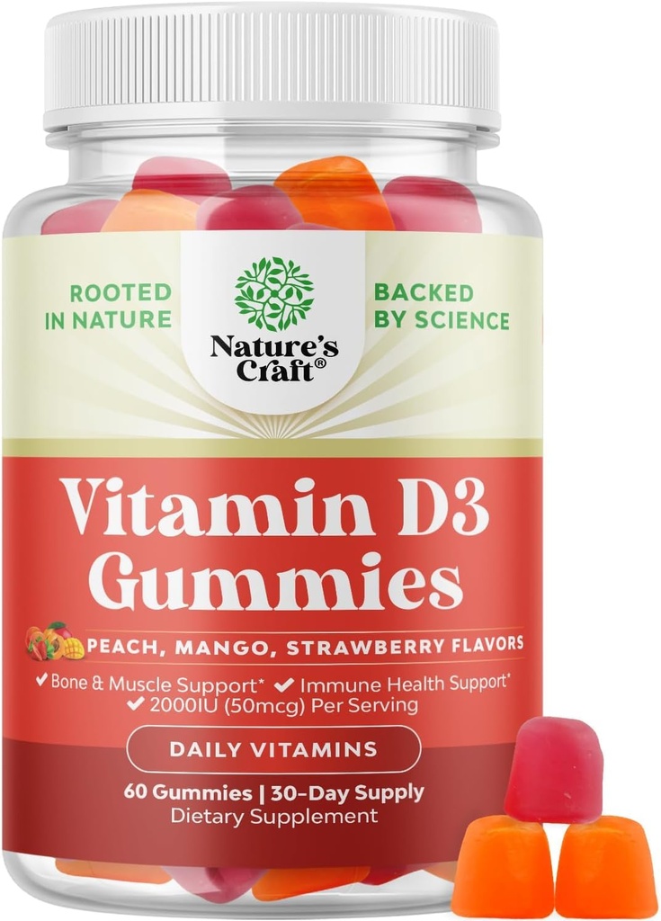 Natures Craft ויטמין D3 Gummies for Daily Wellness - D מבוגרים עם 2000IU לשרירים העצם ו- Immune תמיכה non-GMO Gelatin Gluten חינם (30 יום אספקה)