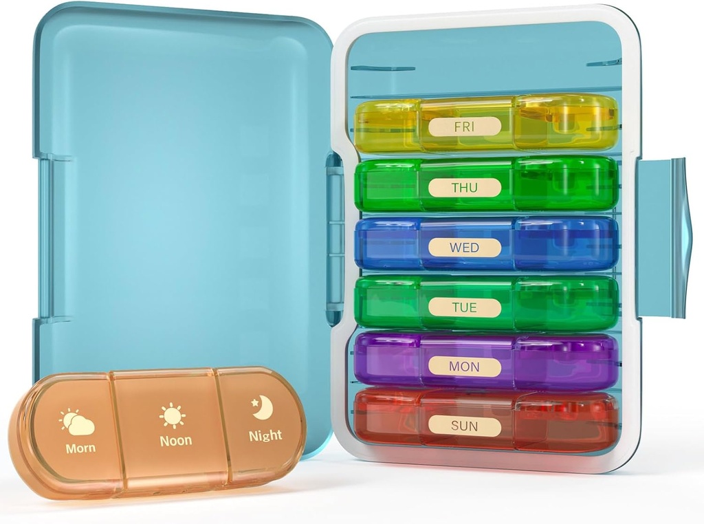 מארגנת גלולות שבועיות 3X ביום, 7 Day Pill Box 3 Times, Portable for Travel Pill Case for Pills/Vitamin/Fish Oil/Medication/Supplements (3x7 Blue+Rainbow)