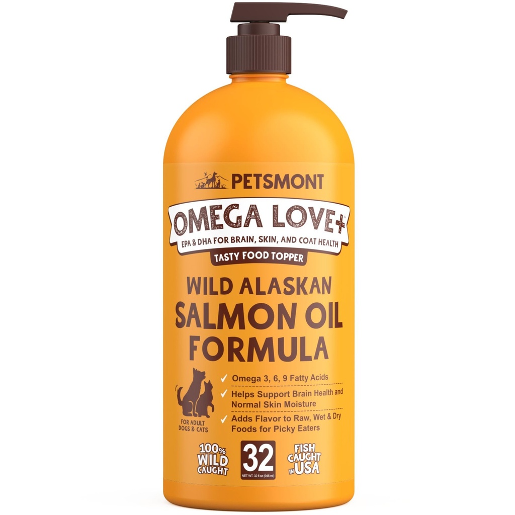 חיות מחמדmont אומגה אהבה + Wild אלסקה Salmon שמן לכלבים פורמולה 32 oz - דגים אומגה נוזל משאב חתולים תומכים בתפקוד המשותף Immune Heart Health תוספי מזון טבעי EPA DHA Fat Acids
