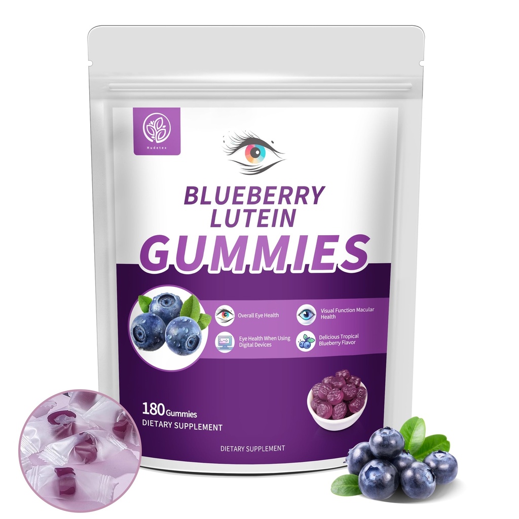 Blueberry Lutein עין ויטמינים מסטיקמי עם 180 ספירה - 3 חודשים אספקה, תוספת בריאות העין טבעונית לילדים ומבוגרים, Lutein Gummies for Vision Clarity and Blue Light Support