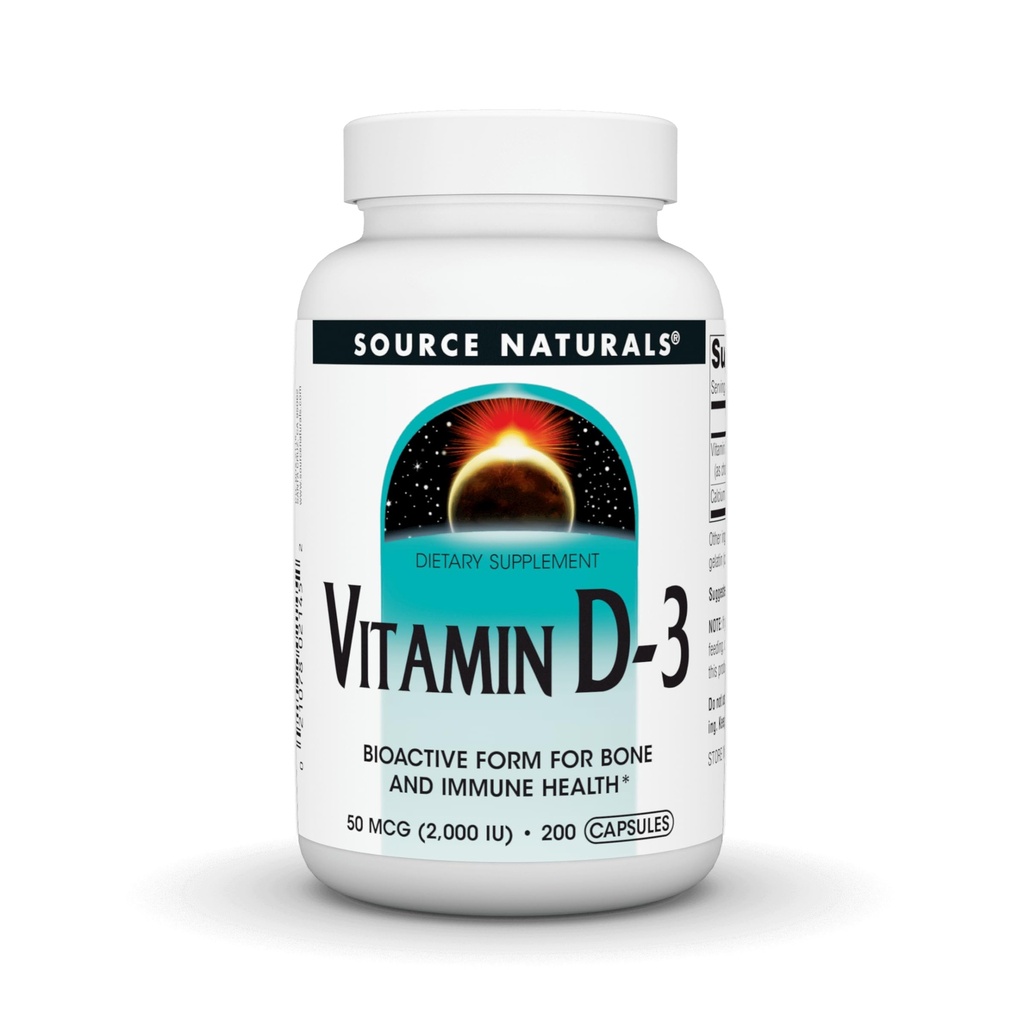 Source Naturals Vitamin D-3, Bioactive Form for Bone & Immune Health*, 50 mcg (2000 IU) - 200 Capsules