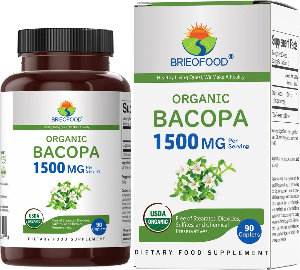 Brieofood אורגני Bacopa 1500 מ"ג, 45 משרתים, Vegetarian Gluten Free, 90 טבליות Vegetarian.