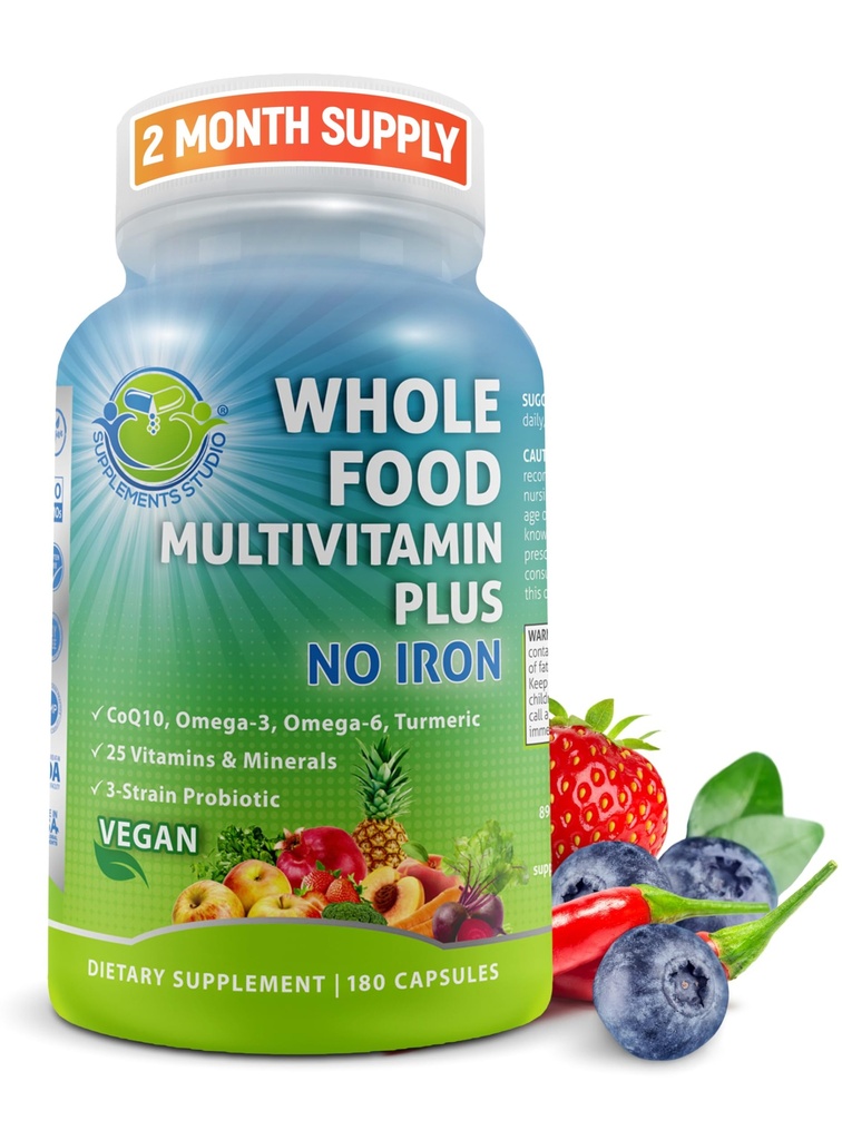 טבעוני שלם מזון מדי יום Multivitamin ללא ברזל, Methylated Multivitamin לנשים וגברים, מיוצר עם פירות וירקות, B-Complex, Probiotics, Enzys, CoQ10, אומגה, Turmeric, non-GMO, 180 Count