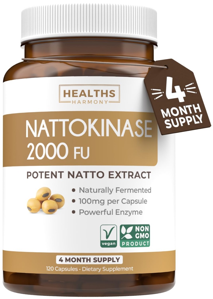 Healths Harmony Nattokinase 2000 FU (Non-GMO) תוסף Powerful Nattokinase עשוי באופן טבעי Soybeans - (4 חודשים אספקה) 120 קפסולות נטוטו טבעוניות