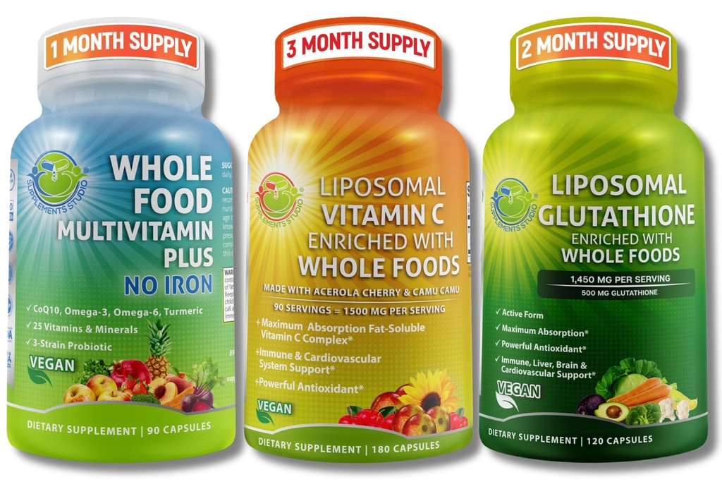 Immune & Daily All Support Bundle for Women & Men - ויטמין C 1500 מ"ג + Whole מזון רב ויטמין No Iron + Liposomal Glutathione 500 מ"ג - טבעוני, non-GMO, תמיכה יומית נקייה בריאות הציבור