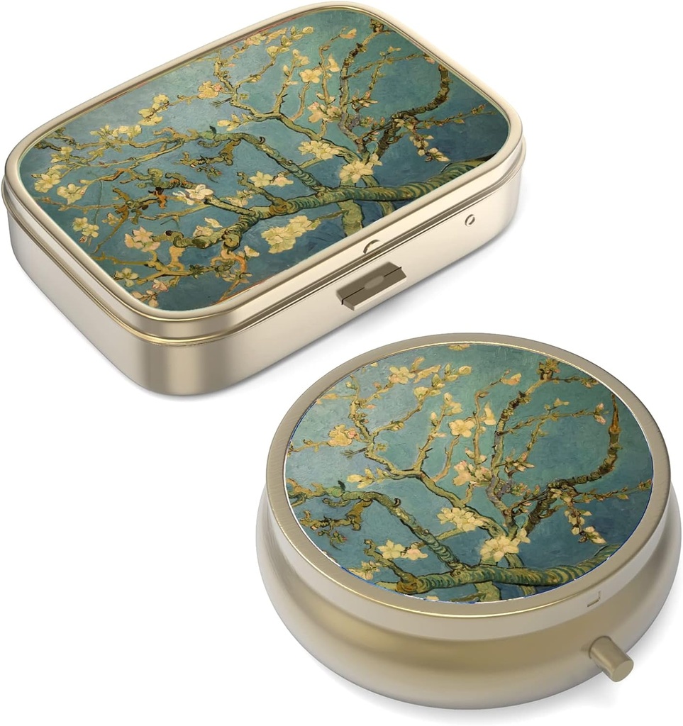Pill Case Pill Box with Mirror Retro Small Pill Case for Purse or Pocket ברונזה או ויטמינים, שמן דגים, תוספים, Pill Containe Travel Gifts (2PCS)