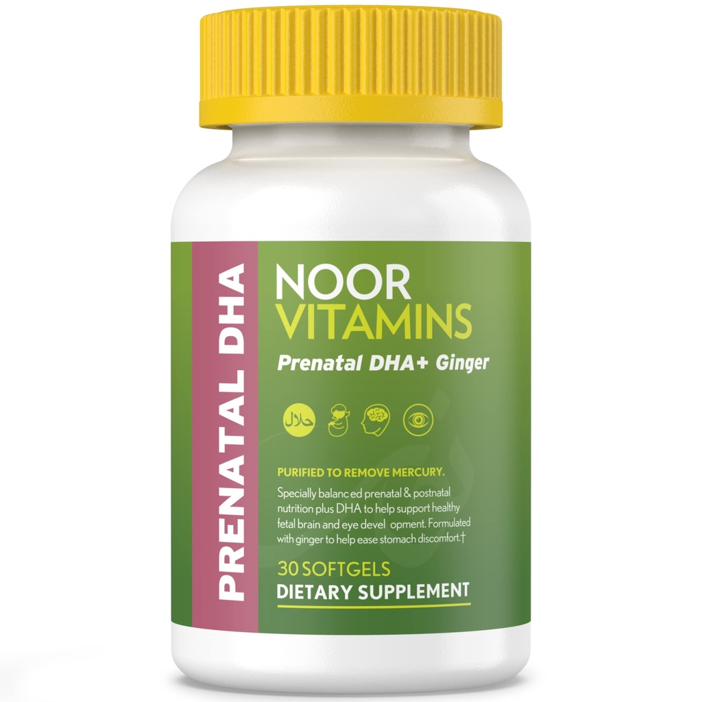 Noor ויטמינים Halal Prenatal ויטמינים עם DHA ו Folic Acid, ויטמינים חיוניים, ג'ינג'ר Soothe אמא של Stomach, ברזל, Softgels, ויטמין טרום לידתי לפני / במהלך / הריון (1 חודש אספקה)