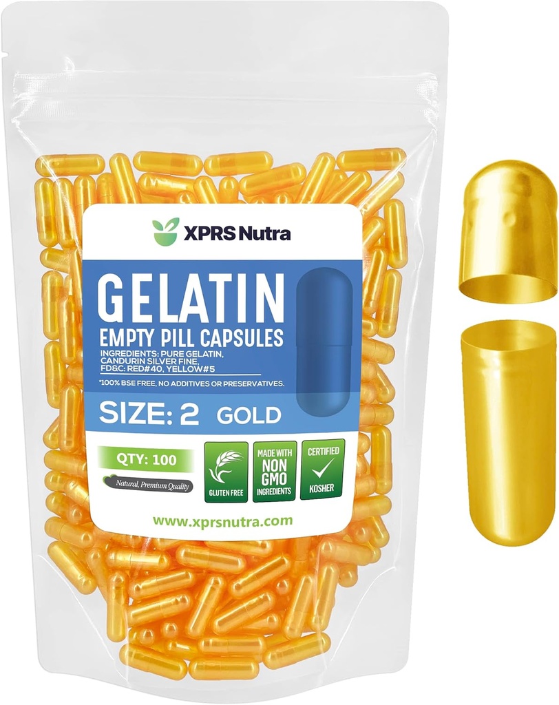 XPRS Nutra Size 2 קפסולות ריקות - 100 הרוזן ריק Gelatin קפסולות - Pills DIY כמוסות מילוי - Pure Bovine Pill Gel Caps for Do-It-Yourself Supplements (Gold)