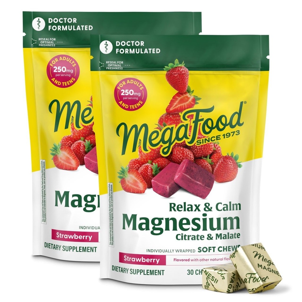 Mega Food להירגע + Calm Magnesium תוסף - Soft Chews עם Magnesium Citrate & Malate לבריאות הלב, שריר Tension & More - Vegetarian - Strawberry Flavor - 30 Chews per Pack (2 Pack)