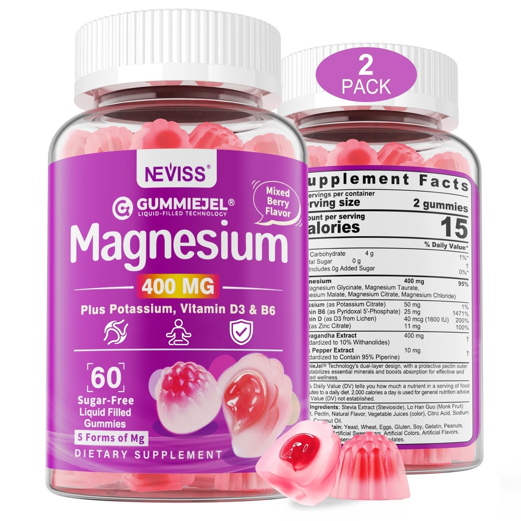 Magnesium Glycinate Gummies for Adults – 400mg Magnesium Complex w/5 Forms of Magnesium (Citrate Malate Taurate Chloride), Ashwagandha, D3 & Zinc – Sugar Free Calm Mood & Muscle Support, Vegan, 120Cts