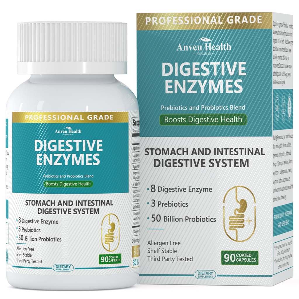 800 מ"ג Enzymes for Men and Women with Probiotics & Organic Prebiotics, 8 Key Enzymes, Protease, Amylase & Lipase for Bloating, Gas Relief, Non-GMO | 90 קפסולות