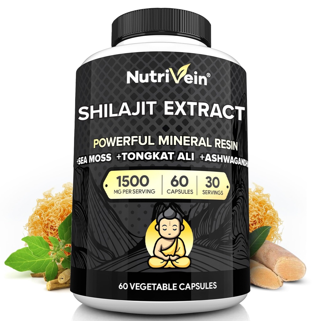 Acvein Premium Pure Hilajit עבור גברים ונשים - 1500 מ"ג - 60 קפסולות - Powerful Resin Extracted with Irish Sea Mossss, Tongkat Ali, & Ashwagandha - Vitality, Clarity, & Performanceful Resin הפקה