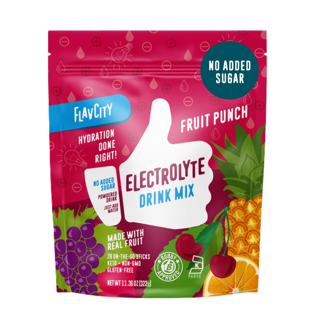 FlavCity פירות Punch Electrolytes אבקת Packets - 28 hydrotion Packets - לא תוספת סוכר - אבקת הידרה עם מלח הים אמיתי & Unrefined - Keto & Gluten-Free (28 Stick Packs)