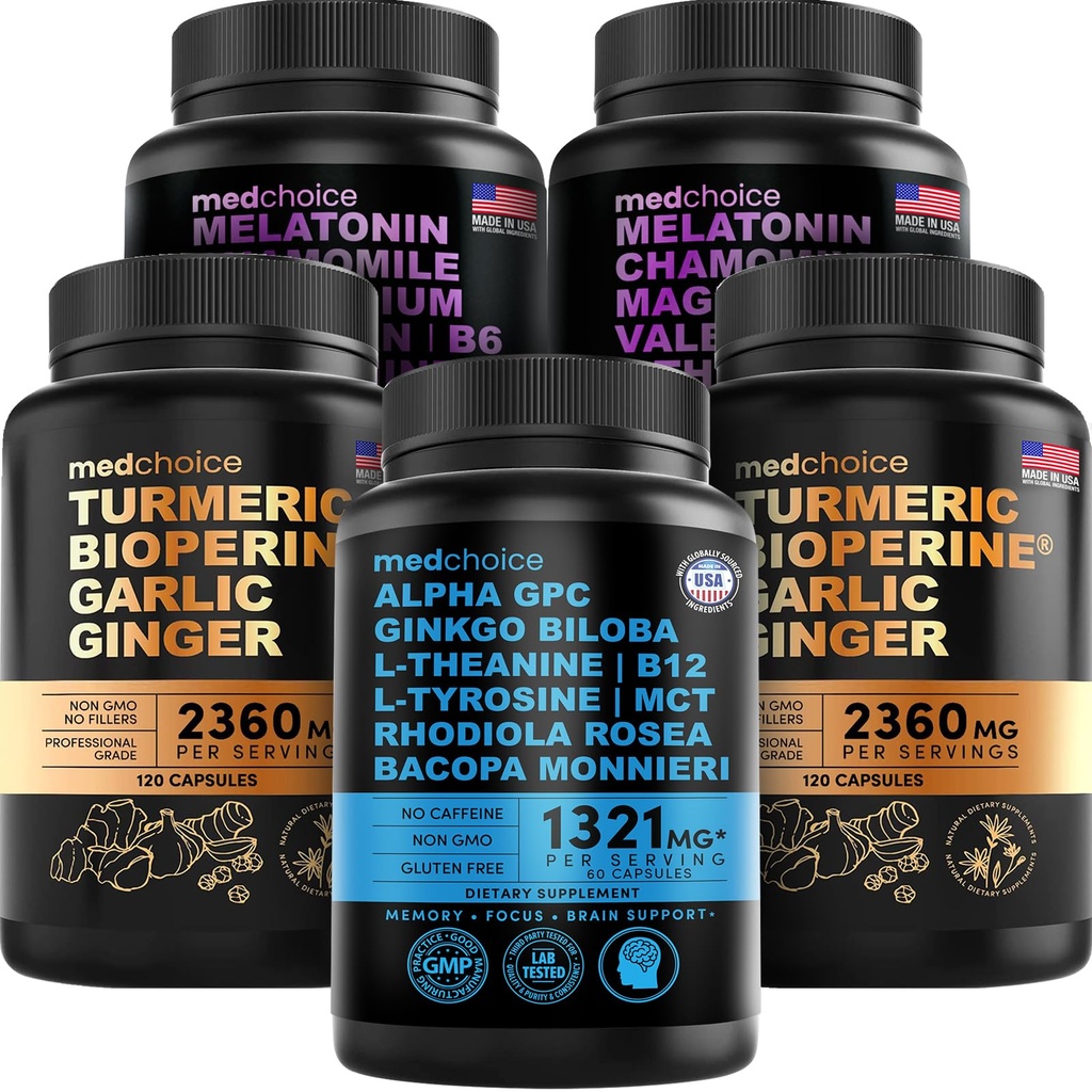 MEDCHOICE Turmeric & ג'ינג'ר (240ct), Sleep Melatonin (180ct), ו- Nootropic Brain (60ct) תוסף Bundle - השתלת המוח, השינה, ו- Immune Support - טבעוני, non-GMO, Gluten-FreeFree Gluten-Free Gluten-Free-Free Gluten-Free-Free Gluten-Free