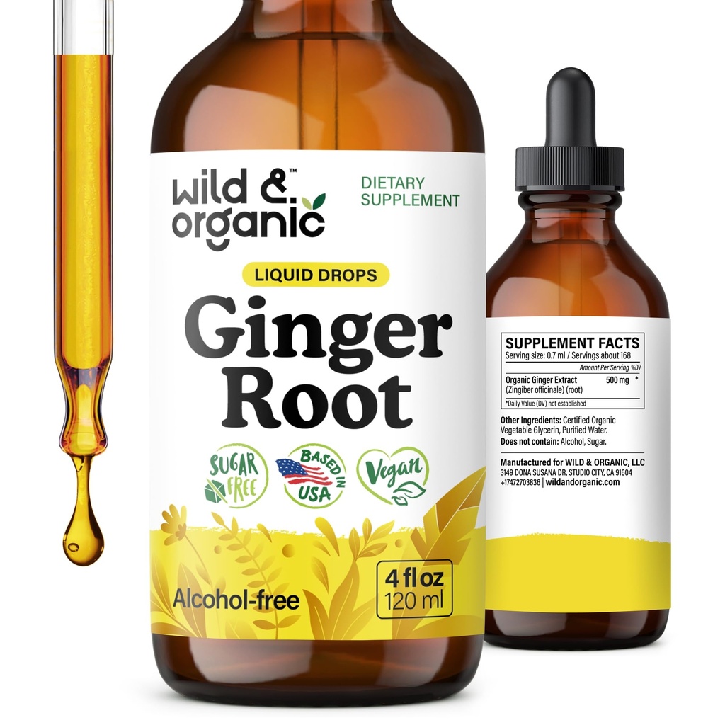 Wild & אורגני ג'ינג 'ר Root Extracts - Immune & Digestive תמיכה - תוספי ג'ינג 'נוזלים - טבעוני, סוכר ואלכוהול חינם Tincture - 4 fl oz