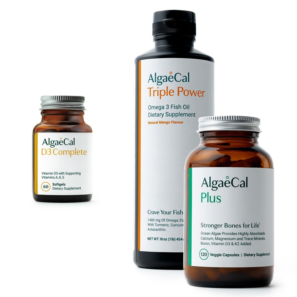 ALGAECAL Bundle - ויטמין D3 שלם (1000 IU) + ויטמינים K2, E & A & Plant-based Calcium for Stronger Bones & Fish אומגה 3 1200 מ"ג EPA DHA