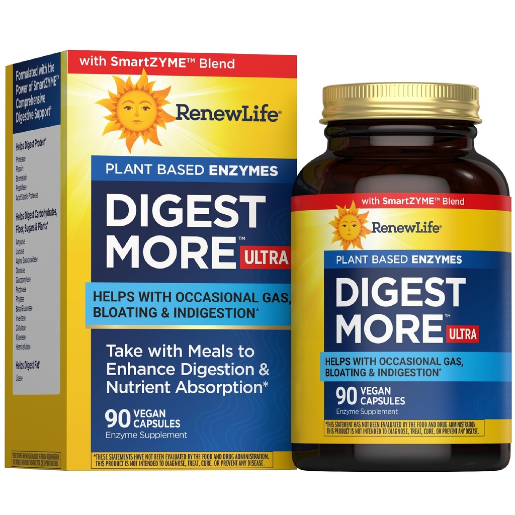 Renew Life Adult Digest More Ultra Enzymes - Ultra-Strength Plant-based Enzyme Formula for Men & Women - 90 קפסולות צמחוניות
