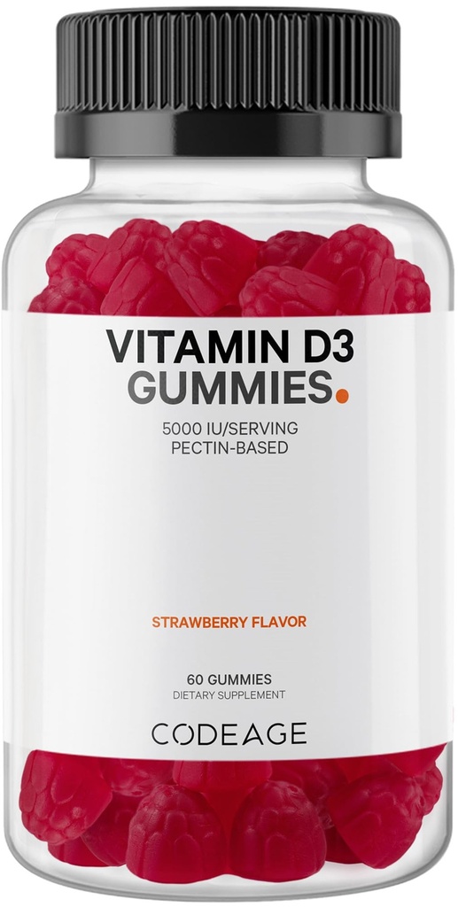ויטמין D3 Gummy ויטמינים, ויטמין D3 5000 IU מסטיקמי צ'ולקלציפרל 125 mcg - 2-Month Supply Pectin- Based, Animal Gelatin-Free ויטמיניםmy, Strawberry, Gluten-Free - 60mies