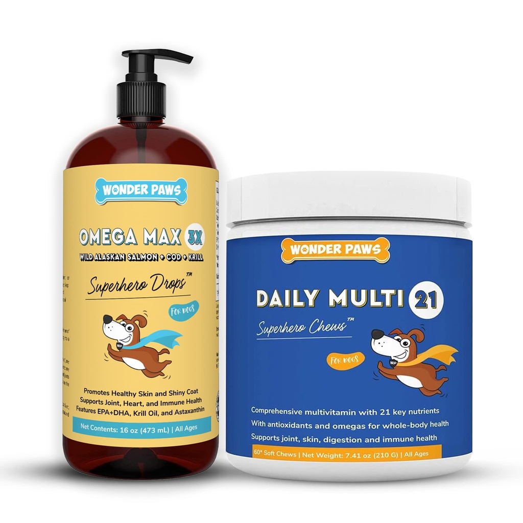 WONDER PAWS אומגה Max Fish Oil Plus Daily Multivitamin Chews - for Dog Joint Health, Skin Moisture, Immune System Support & Daily Wellness - אומגה מקס 16 אוונסרס - Multivitamin 60 צ'יפס