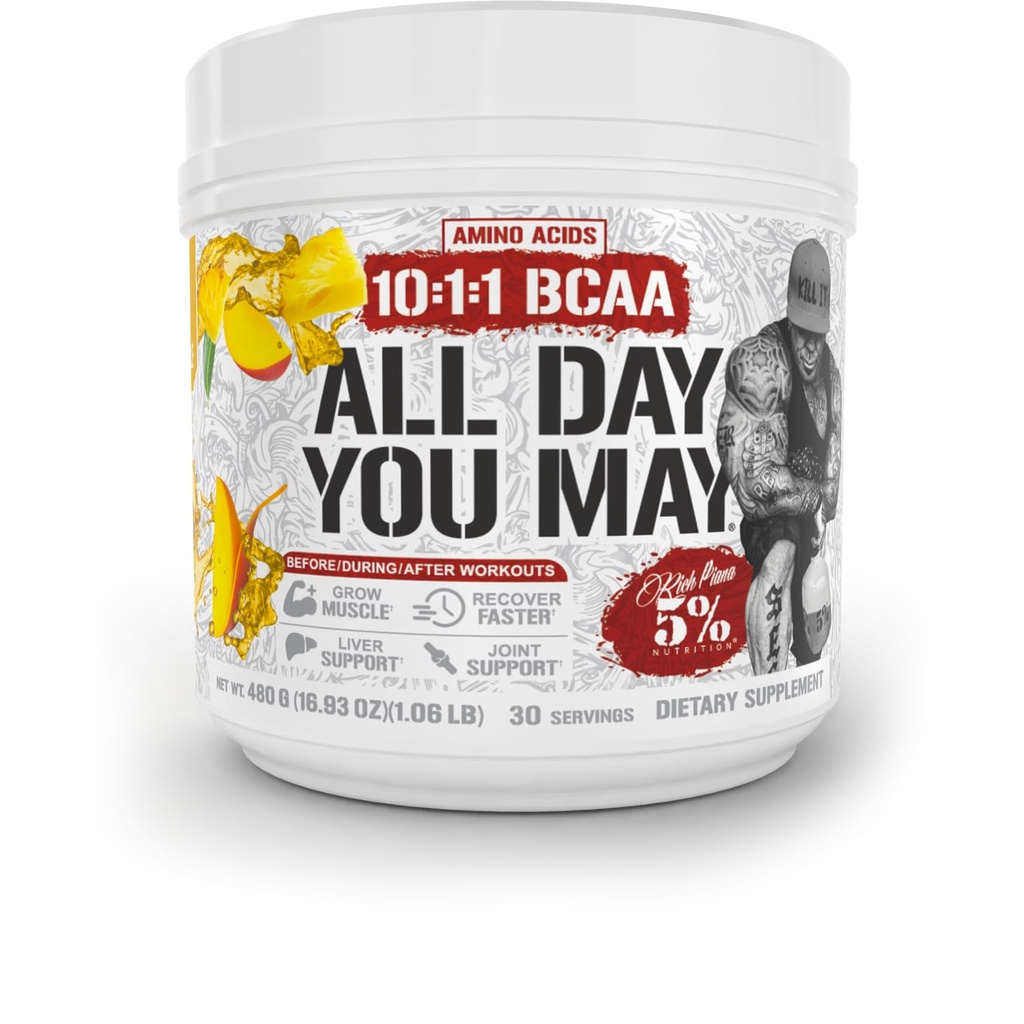 5% תזונה עשירה Piana AllDay You May BCAA אבקה | Premium Intra & Post Workout Amino Acids, הידרציה, אנדורנס, התאוששות שרירים, תמיכה משותפת ו Liver; 16.93 oz, 30 משרתים (Mango Pineapple)