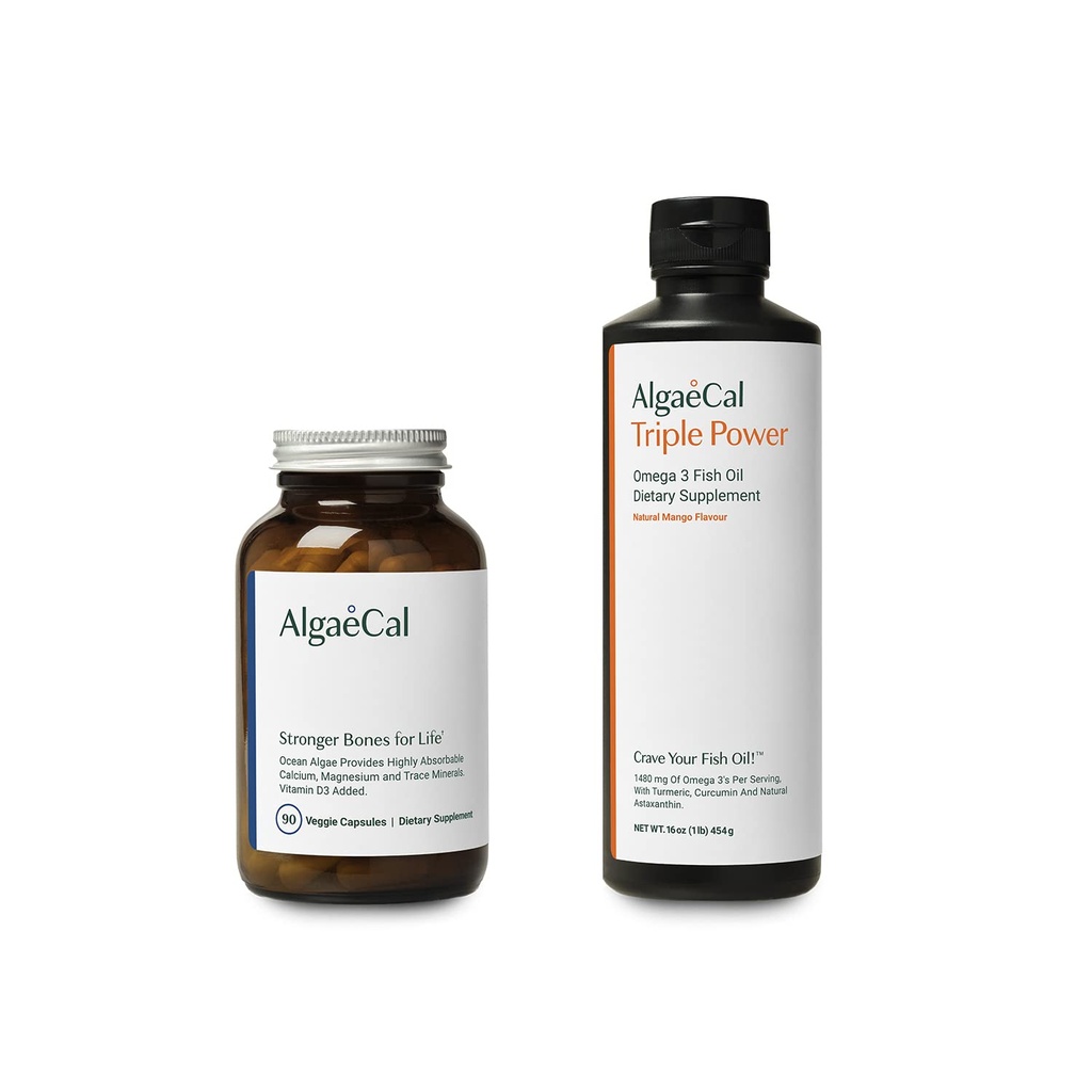 AlgaeCal Bundle - תוספי Calcium המבוססים על צמחים עם ויטמין D3 עבור בריאות העצם וחוזק ו- Triple Power אומגה 3 שמן שמן שמן שמן שמן אומגה 3 שמן שמן נוזלי טבעי עם EPA & DHA, Curcumin, Astaxanthin