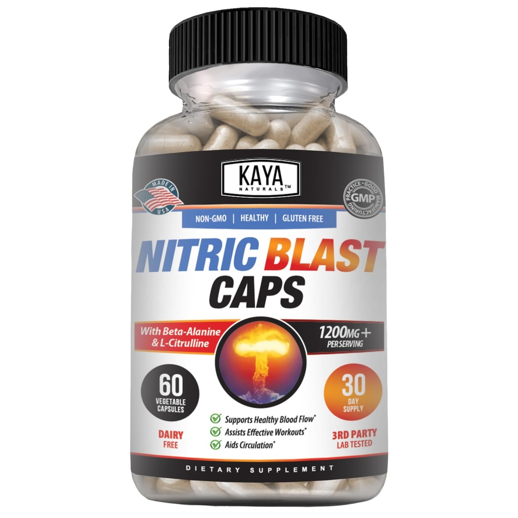 Kaya Naturals - Nitric Blast Potent All-Natural Herbal תוסף עבור יתרונות בריאותיים מקסימליים | Pre-Workout | אנרגיה מוגברת | שיפור ביצועים בשעות הלילה (60 Count)