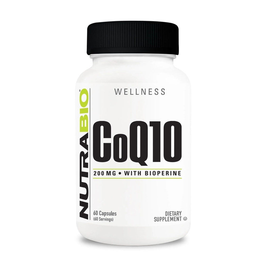 NutraBio CoQ10 Dietary תוספת עם bioperine, תפקוד לב בריא וייצור אנרגיה סלולרי, 200 מ"ג - 60 קפסולות