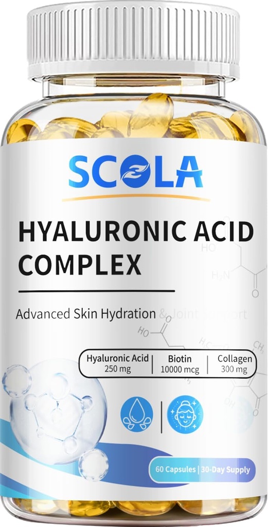 SCOLA Hyaluronic Acid כמוסות - 250 מ"ג HA + 10,000mcg Biotin, 60 קפסולות טבעוניות | Deep hydrotion, Hair & Nail Support