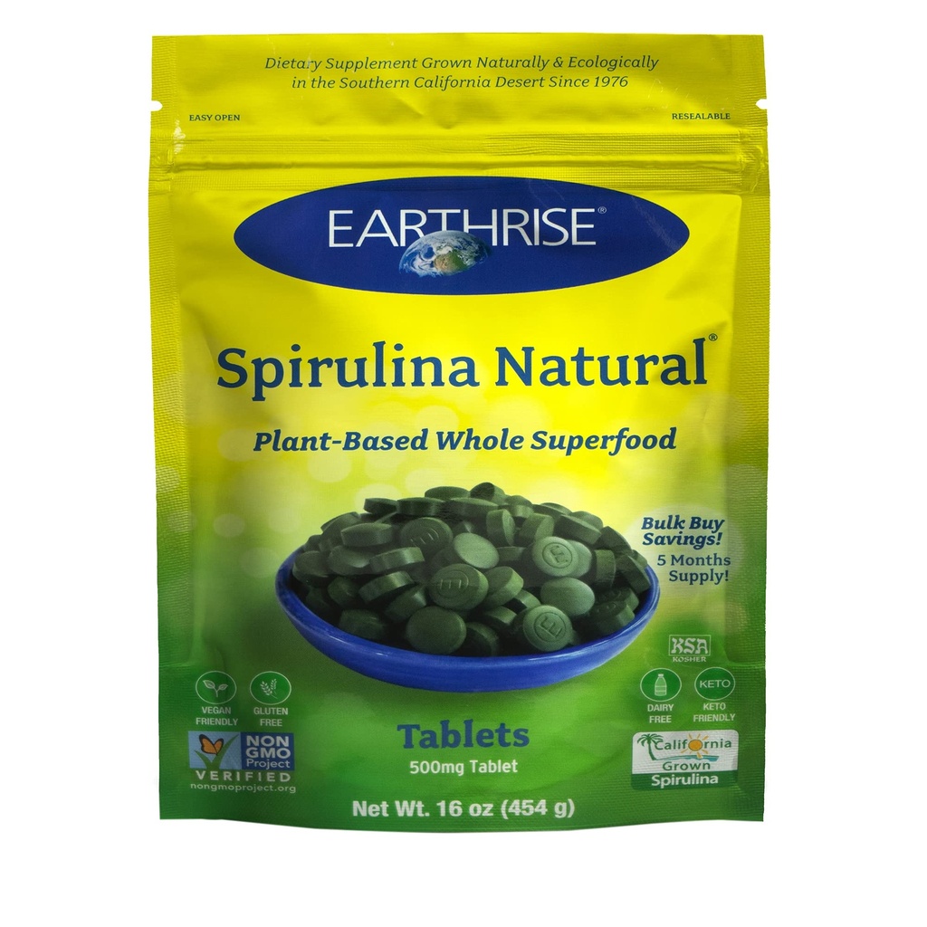 Earthrise Spirulina, Pure Californian Spirulina 500 מ"ג, טבעוני, Gluten חינם, Keto Friendly, non-GMO Super מזון גבוה ויטמינים ומינרלים., 1 LB טבליות (150 לשרת)