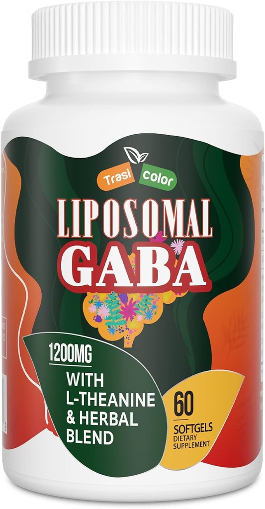 Liposomal GABA עם L-theanine תוספי 1200 מ"ג - תרכובת GABA גבוהה עם Ashwagandha, Chamomile, Tart Cherry Herbals for Men and Women, 60 Softgels