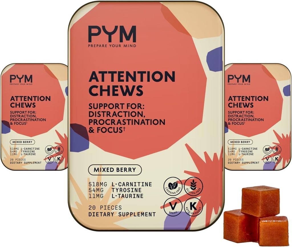 PYM Attention Chews תמיכה עבור Procrastination, Focus & Productivity, 60 Count | 518 מ"ג L-Carnitine, 54 מ"ג Tyrosine, 11mg L-Taurine - Caffeine-Free | All-Natural Mood Boost תוסף מיוצר בארה"ב