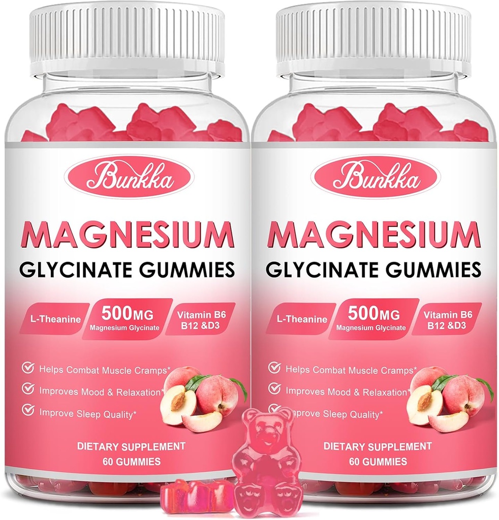 (2 Pack) Magnesium Glycinate Gummies-Magnesium Glycinate 500 מ"ג, Magnesium Complex תוסף עם Potassium, ויטמיןD, B6 עבור Calm, Sleep &Stress Relief-Sugar חינם, 120 Peach Magnesium Gummies חניכיים