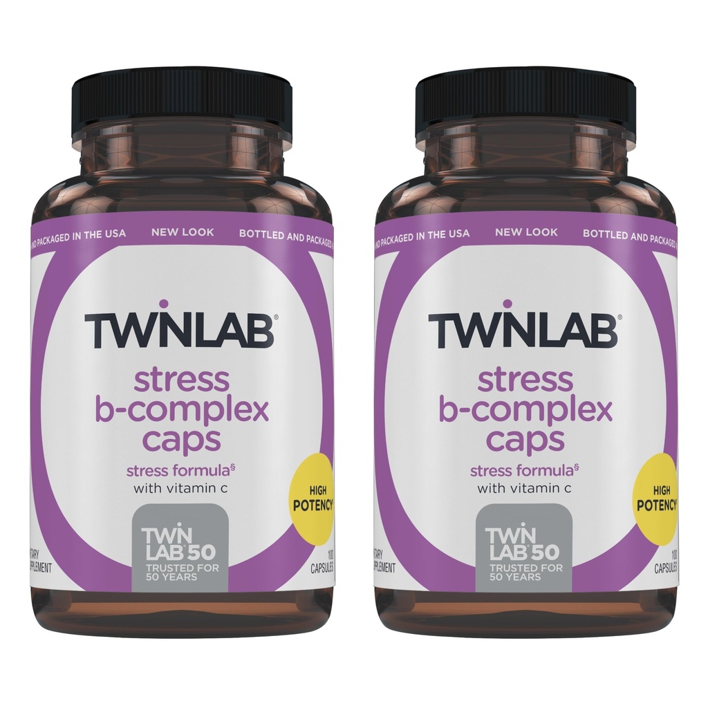 Twinlab Stress B-Complex Caps - שלם B-Complex & 1000 מ"ג ויטמין C - תוספת תמיכה באנרגיה עם ויטמין B12 ו B6-100 קפסולות (Pack of 2)