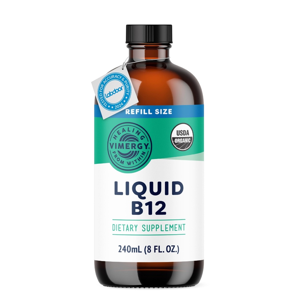 Vimergy נוזל B12 Refill - Fast-Absorbing Brain Support - תוסף תמיכה באנרגיה - USDA מוסמך אורגני, טבעוני, Non-GMO - 240 משרתים (240 mL)